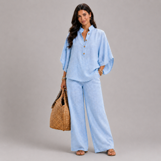 Conjunto de algodón y lino con mangas murciélago y pantalones anchos