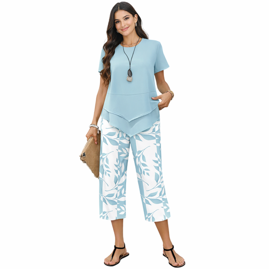 Conjunto de ocio con camiseta de cuello redondo (multicapa) y pantalones anchos