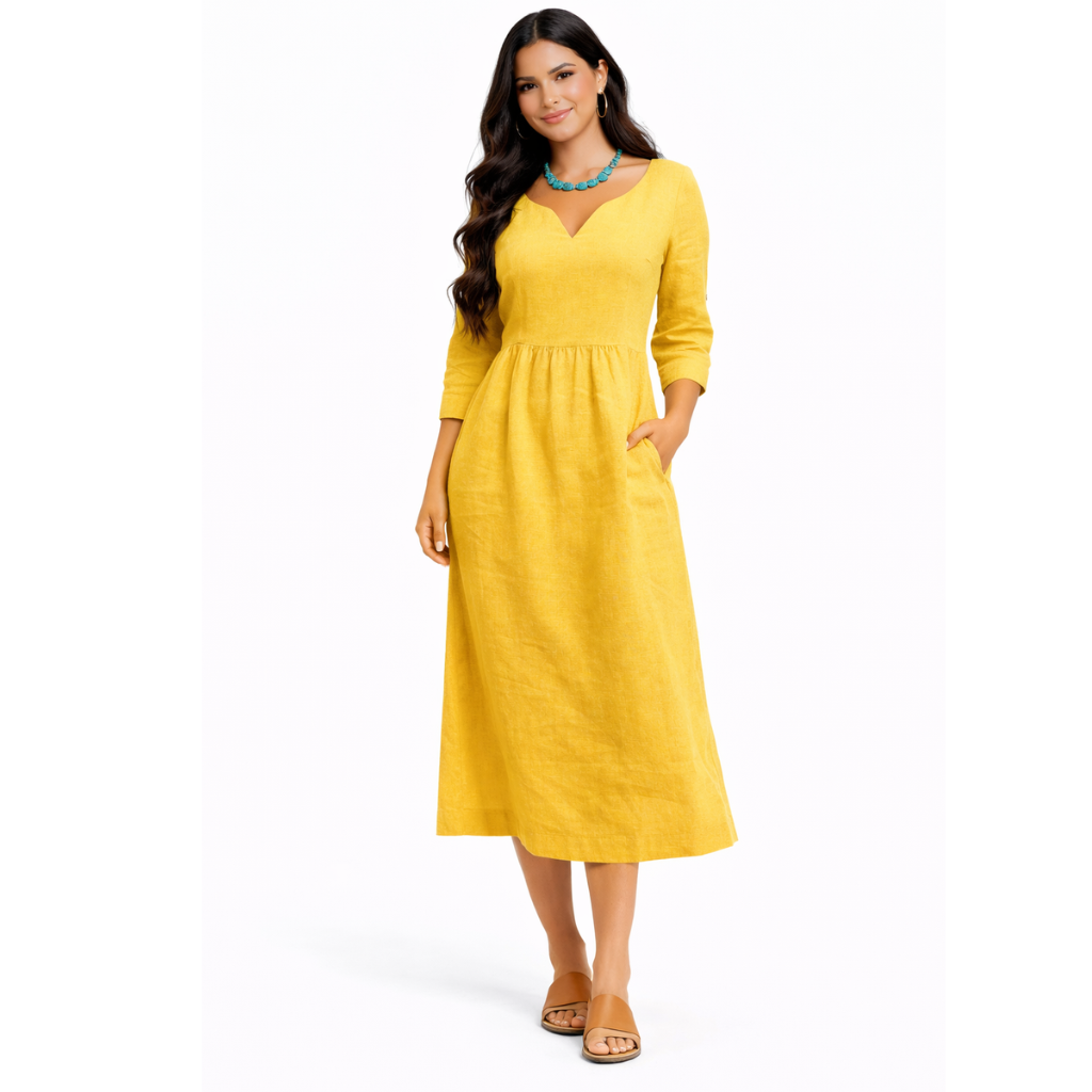 Vestido informal con cuello en V de algodón y lino, manga 3/4 y cremallera lateral.