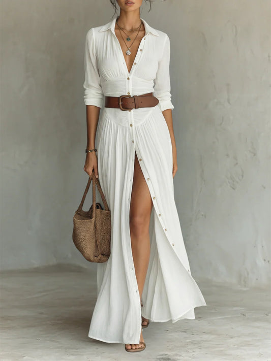 Vestido largo con cuello revés y mangas largas de lino para mujer