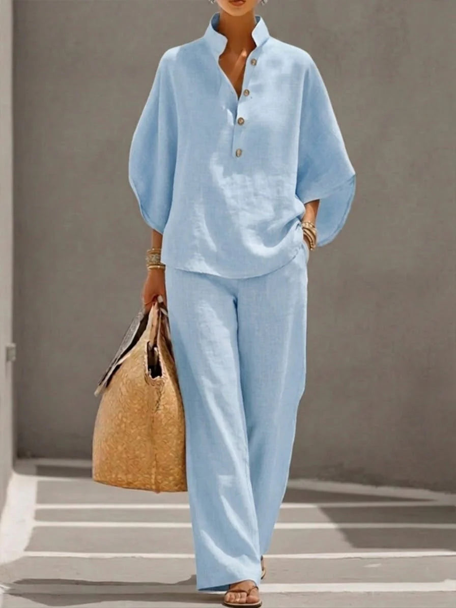 Conjunto de algodón y lino con mangas murciélago y pantalones anchos
